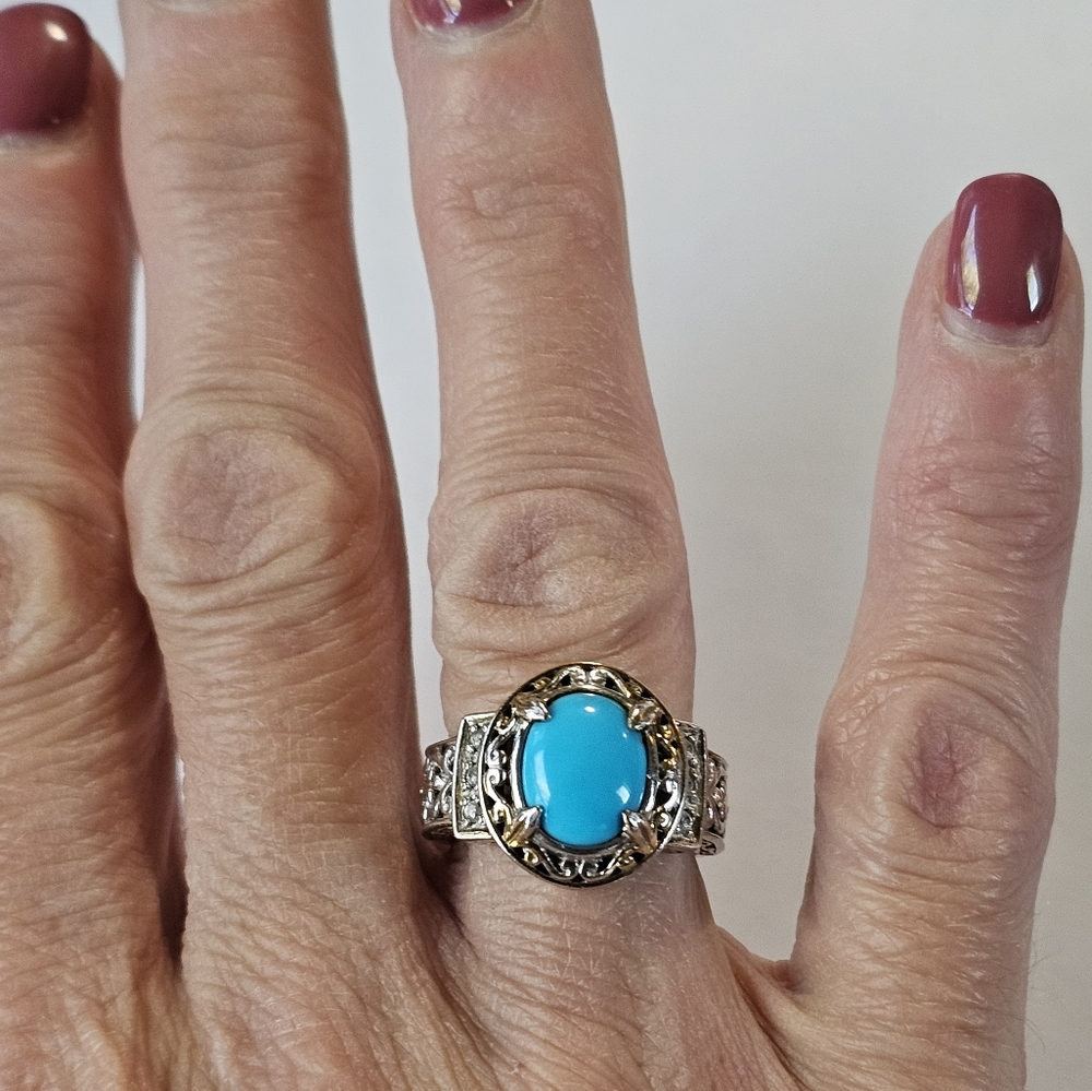Genuine Sleeping Beauty Turquoise Ring in Palladium Sterling Silver & 18k Gold! - Picture 7 of 8